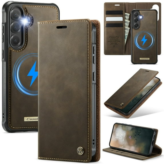 ELEHOLD Magnetic Detachable Wallet Case for Samsung Galaxy S25, Shockproof Faux Leather Stand RFID Card Slots Detachable Mag-Safe Magnetic Case Cover,Removable Back Shell,Coffee