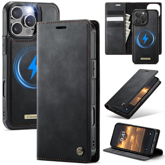 ELEHOLD Magnetic Detachable Wallet Case for iPhone 12 Pro / 12 6.1", Shockproof Faux Leather Stand RFID Card Slots Detachable Mag-Safe Magnetic Case Cover,Removable Back Shell,Black