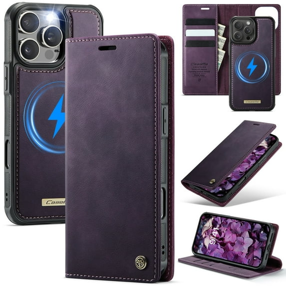 ELEHOLD Magnetic Detachable Wallet Case for iPhone 15 Plus, Shockproof Faux Leather Stand RFID Card Slots Detachable Mag-Safe Magnetic Case Cover,Removable Back Shell,Purple