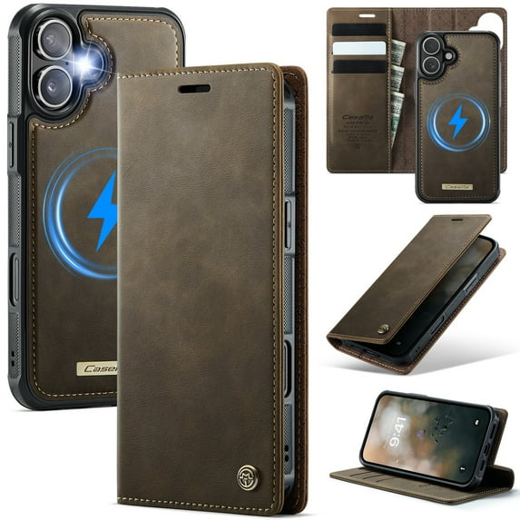 ELEHOLD Magnetic Detachable Wallet Case for iPhone 16, Shockproof Faux Leather Stand RFID Card Slots Detachable Mag-Safe Magnetic Case Cover,Removable Back Shell,Coffee