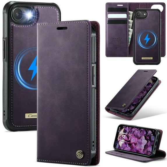 ELEHOLD Magnetic Detachable Wallet Case for iPhone 16e, Shockproof Faux Leather Stand RFID Card Slots Detachable Mag-Safe Magnetic Case Cover,Removable Back Shell,Purple