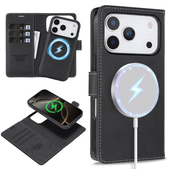 ELEHOLD Magnetic Detachable Wallet Case For iPhone 17 Pro Max, Removable 2 in 1 Wireless Charging RFID Blocking Card Holders PU Leather Magnetic Detachable Folding Stand Folio Case,Black
