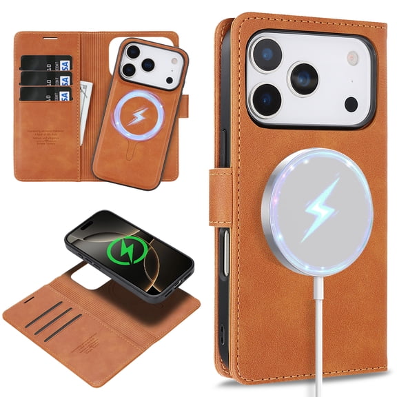 ELEHOLD Magnetic Detachable Wallet Case For iPhone 17 Pro Max, Removable 2 in 1 Wireless Charging RFID Blocking Card Holders PU Leather Magnetic Detachable Folding Stand Folio Case,Brown