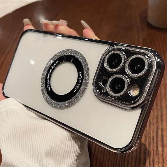 ELEHOLD Magnetic Glitter Clear for iPhone 12 Pro Case with Bling Full Camera Lens Protector, Compatible with MagSafe, Non-Yellowing Protective Sparkle Phone Case for Women Girls,Black