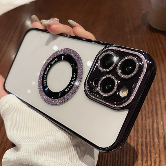 ELEHOLD Magnetic Glitter Clear for iPhone 12 Pro Max Case with Bling Full Camera Lens Protector, Compatible with MagSafe, Non-Yellowing Protective Sparkle Phone Case for Women Girls,Purple