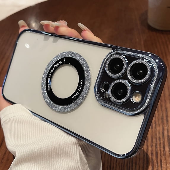 ELEHOLD Magnetic Glitter Clear for iPhone 14 Pro Max Case with Bling Full Camera Lens Protector, Compatible with MagSafe, Non-Yellowing Protective Sparkle Phone Case for Women Girls,Blue