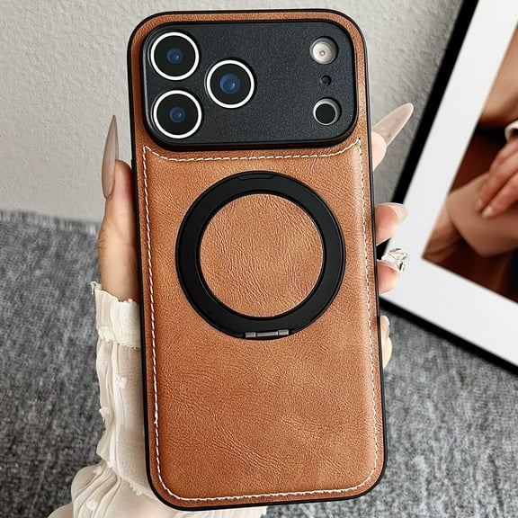 ELEHOLD Magnetic Leather Case For iPhone 17, Shockproof PU Leather Kickstand Anti-Scratch Anti-Fingerprint Non-Slip Grip  Protective Case For iPhone 17 ,Brown