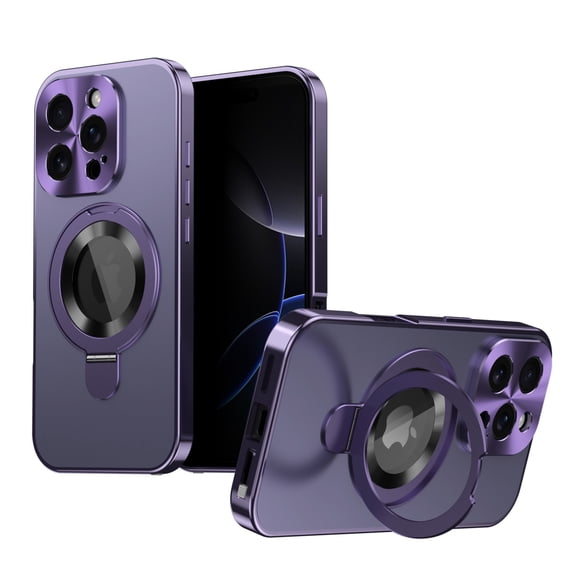 ELEHOLD Magnetic Mag Safe Case for iPhone 16 Pro with Built-in Anti-Peep Tempered Glass ,Rugged Magnetic Ring Stand Matte Alloy Protection Frame Full Body Shockproof Case, Darkpurple