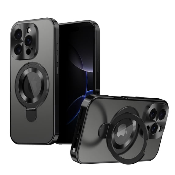 ELEHOLD Magnetic Mag Safe Case for iPhone 16 Pro with Built-in Anti-Peep Tempered Glass ,Rugged Magnetic Ring Stand Matte Alloy Protection Frame Full Body Shockproof Case, Black