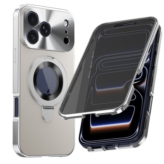 ELEHOLD Magnetic Mag Safe Case for iPhone 17 Pro Max with Built-in Anti-Peep Screen Protector , Luxury Rugged Magnetic Ring Stand Matte Full Body Protection Shockproof Case, Silver