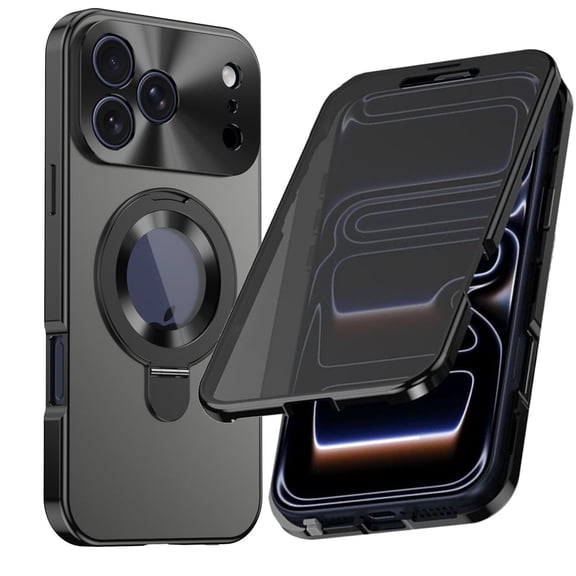 ELEHOLD Magnetic Mag Safe Case for iPhone 17 Pro Max with Built-in Anti-Peep Screen Protector , Luxury Rugged Magnetic Ring Stand Matte Full Body Protection Shockproof Case, Black