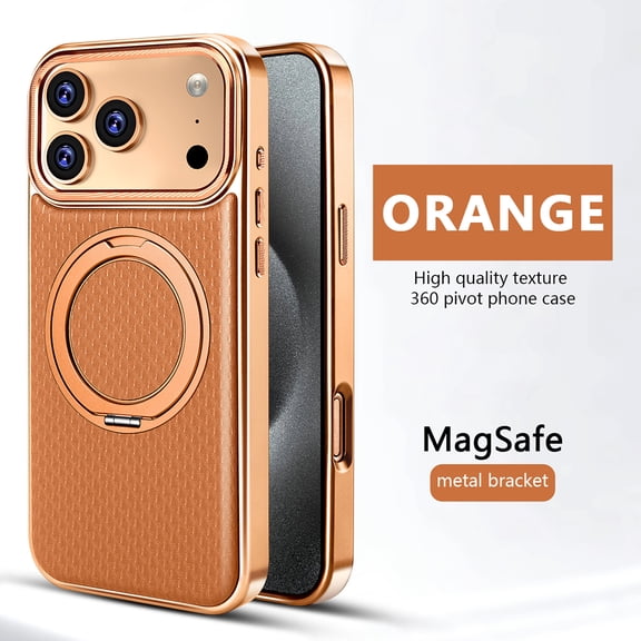 ELEHOLD Magnetic Phone Case with Kickstand for Apple iPhone 17 Pro Max, Shockproof Magnetic Anti-Scratch Non-Slip Luxury Business Leather Ring Kickstand Magnetic Cover,Orange