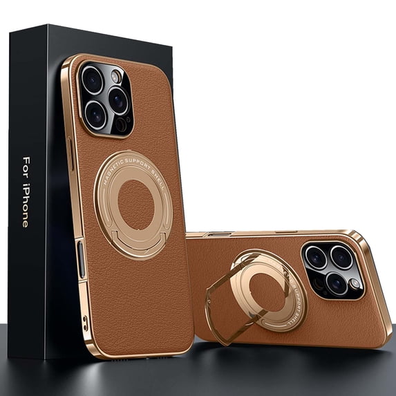 ELEHOLD Magnetic Ring Kickstand Case for iPhone 16 Pro Max, Compatible with Mag Safe Wireless Charging, Leather Texture Shockproof Phone Cover with 360° Stand Electroplated Frame ,Brown