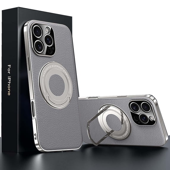 ELEHOLD Magnetic Ring Kickstand Case for iPhone 16 Pro Max, Compatible with Mag Safe Wireless Charging, Leather Texture Shockproof Phone Cover with 360° Stand Electroplated Frame ,Gray