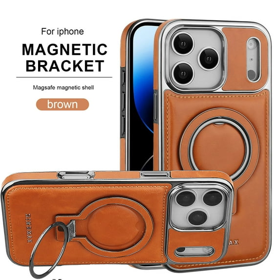ELEHOLD Magnetic Ring Stand Case for iPhone 17 Case, Luxury PU Leather Shockproof Non-Slip Magnetic Invisible Ring Stand Protective Phone Case for iPhone 17, Brown