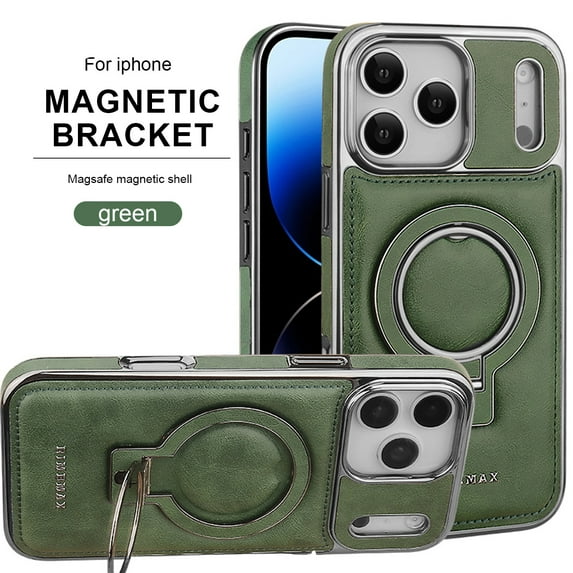 ELEHOLD Magnetic Ring Stand Case for iPhone 17 Pro Max Case, Luxury PU Leather Shockproof Non-Slip Magnetic Invisible Ring Stand Protective Phone Case for iPhone 17 Pro Max, Green