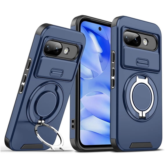 ELEHOLD Magnetic Rugged Case for Google Pixel 10A, Shockproof Ring Kickstand Hard Protection Case with Sliding Len Cover , Blue