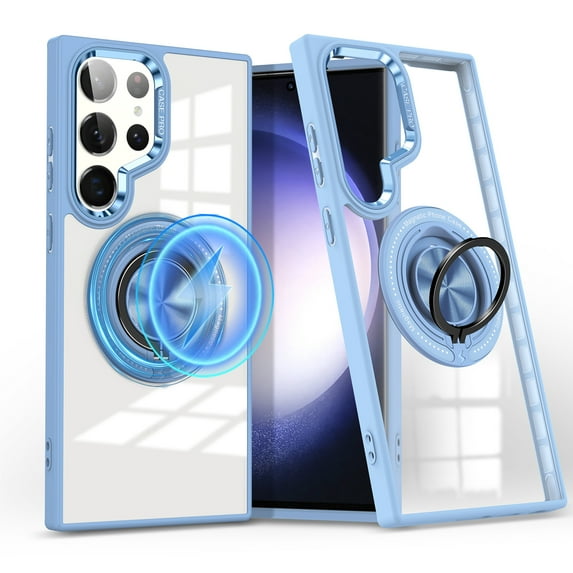 ELEHOLD Magnetic for Samsung Galaxy S23 Plus Case,Transparent Clear Anti-Yellowing Rotation Ring Holder Stand Compatible with Mag Safe Work with Magnetic Car Mount,Slim Shockproof Protection,Blue