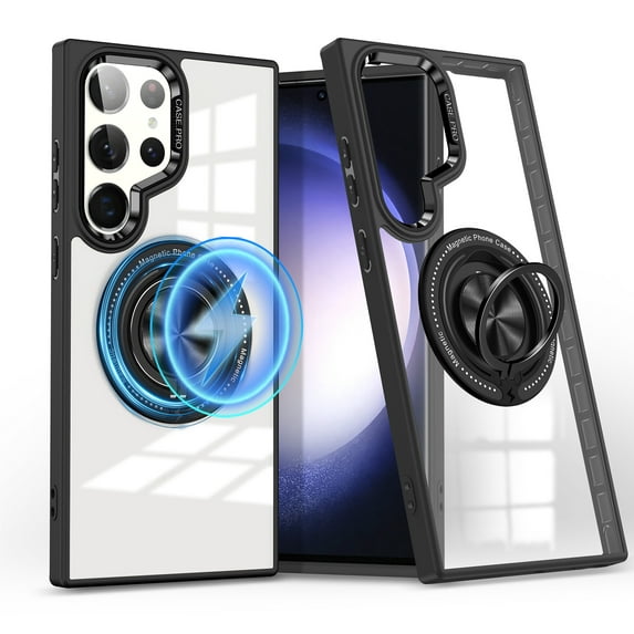 ELEHOLD Magnetic for Samsung Galaxy S24 Case,Transparent Clear Anti-Yellowing Rotation Ring Holder Stand Compatible with Mag Safe Work with Magnetic Car Mount,Slim Shockproof Protection,Black