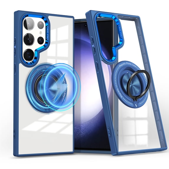ELEHOLD Magnetic for Samsung Galaxy S24 Case,Transparent Clear Anti-Yellowing Rotation Ring Holder Stand Compatible with Mag Safe Work with Magnetic Car Mount,Slim Shockproof Protection,Darkblue