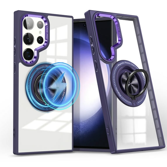 ELEHOLD Magnetic for Samsung Galaxy S24 Case,Transparent Clear Anti-Yellowing Rotation Ring Holder Stand Compatible with Mag Safe Work with Magnetic Car Mount,Slim Shockproof Protection,Purple