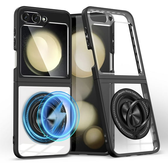 ELEHOLD Magnetic for Samsung Galaxy Z Flip 5 Case,Transparent Clear Anti-Yellowing Rotation Ring Holder Stand Compatible with Mag Safe Work with Magnetic Car Mount,Slim Shockproof Protection,Black