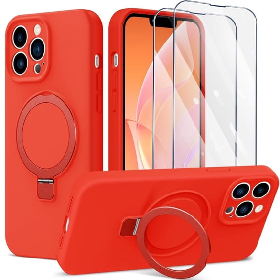 ELEHOLD Magnetic Shockproof for iPhone 11 Pro Max Case with 2 Tempered Glass Screen Protector, Compatible with MagSafe, Built-in Foldable Stand Slim Fit Liquid Silicone Gel Cover,Red
