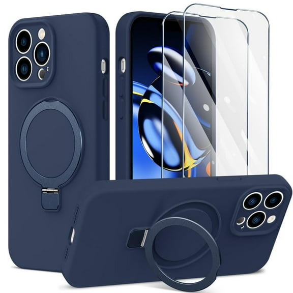 ELEHOLD Magnetic Shockproof for iPhone 12 Case with 2 Tempered Glass Screen Protector, Compatible with MagSafe, Built-in Foldable Stand Slim Fit Liquid Silicone Gel Cover,Navy Blue
