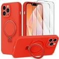 thumbnail image 1 of ELEHOLD Magnetic Shockproof for iPhone 12 Pro Max Case with 2 Tempered Glass Screen Protector, Compatible with MagSafe, Built-in Foldable Stand Slim Fit Liquid Silicone Gel Cover,Red, 1 of 6