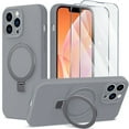 thumbnail image 1 of ELEHOLD Magnetic Shockproof for iPhone 14 Pro Case with 2 Tempered Glass Screen Protector, Compatible with MagSafe, Built-in Foldable Stand Slim Fit Liquid Silicone Gel Cover,Gray, 1 of 6