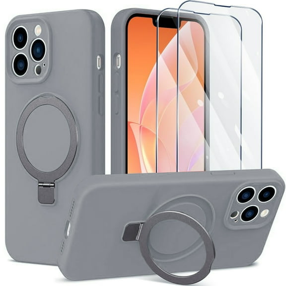 ELEHOLD Magnetic Shockproof for iPhone 14 Pro Max Case with 2 Tempered Glass Screen Protector, Compatible with MagSafe, Built-in Foldable Stand Slim Fit Liquid Silicone Gel Cover,Gray