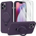 thumbnail image 1 of ELEHOLD Magnetic Shockproof for iPhone 14 Pro Max Case with 2 Tempered Glass Screen Protector, Compatible with MagSafe, Built-in Foldable Stand Slim Fit Liquid Silicone Gel Cover,Purple, 1 of 6