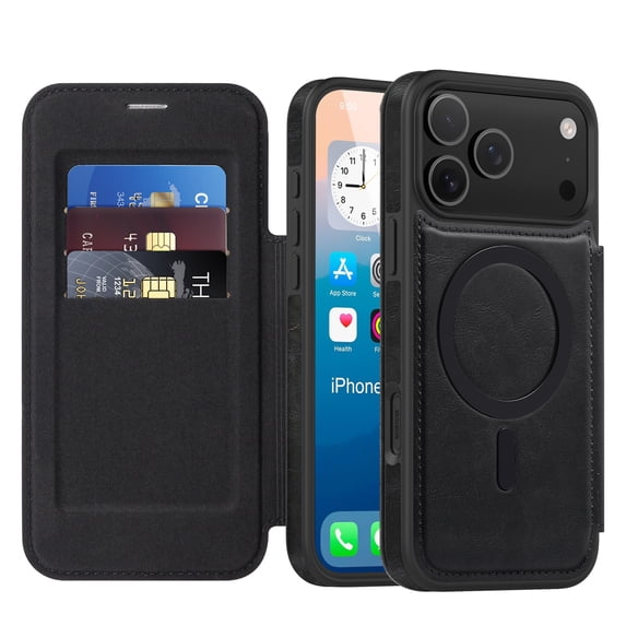 ELEHOLD Magnetic Wallet Case For iPhone 17 Pro, RFID Blocking Luxury PU Leather Full Body Flip Card Slots Shockproof Wallet Cover ,Black