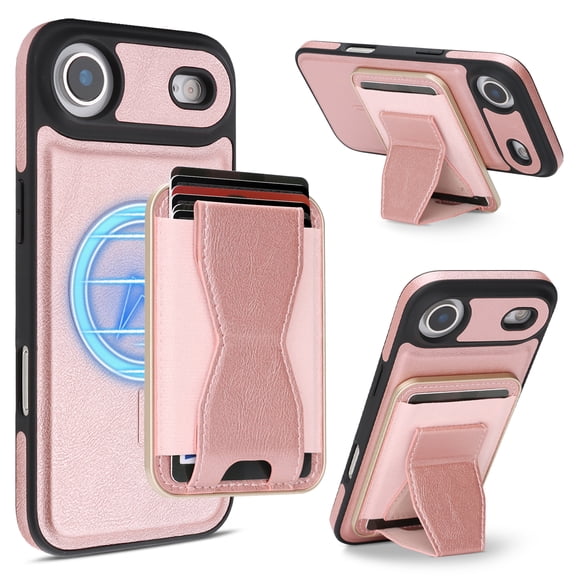 ELEHOLD Magnetic Wallet Case For iPhone Air, Shockproof PC+TPU PU Leather Magnetic Wallet Kickstand Cover Detachable Card Holder,Pink