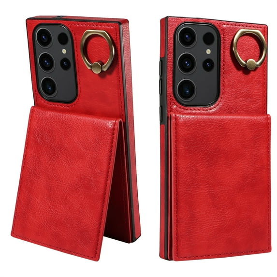 ELEHOLD Magnetic Wallet Case for Samsung Galaxy A24 4G, Built-in 360°Rotation Ring Stand,Slim Shockproof with Card Slot Retro PU Leather, Hybrid Rugged Drop Protective Cover, red