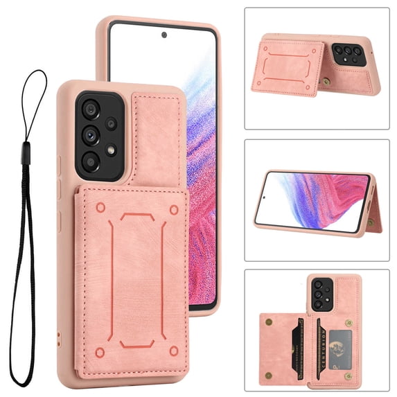 ELEHOLD Magnetic Wallet Case for Samsung Galaxy A53 5G,PU Leather Card Slots Stand Function Shockproof Multi-Functional Purse Case with Wrist Strap for Samsung A53 5G,Pink