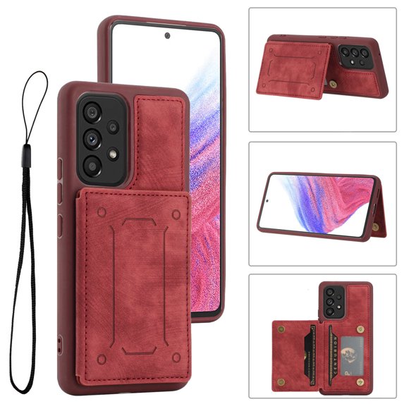 ELEHOLD Magnetic Wallet Case for Samsung Galaxy A54 5G,PU Leather Card Slots Stand Function Shockproof Multi-Functional Purse Case with Wrist Strap for Samsung A54 5G,Red
