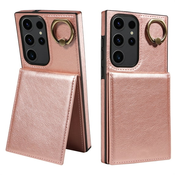 ELEHOLD Magnetic Wallet Case for Samsung Galaxy S23 FE, Built-in 360°Rotation Ring Stand,Slim Shockproof with Card Slot Retro PU Leather, Hybrid Rugged Drop Protective Cover, rosegold