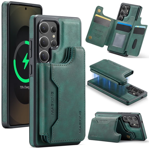 ELEHOLD Magnetic Wallet Case For Samsung Galaxy S23 Ultra,2-in-1 Mag Safe Case with Removable Card Holder, Kickstand Shockproof Protection Cover For Samsung Galaxy S23 Ultra,Green