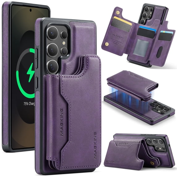 ELEHOLD Magnetic Wallet Case For Samsung Galaxy S23 Ultra,2-in-1 Mag Safe Case with Removable Card Holder, Kickstand Shockproof Protection Cover For Samsung Galaxy S23 Ultra,Purple