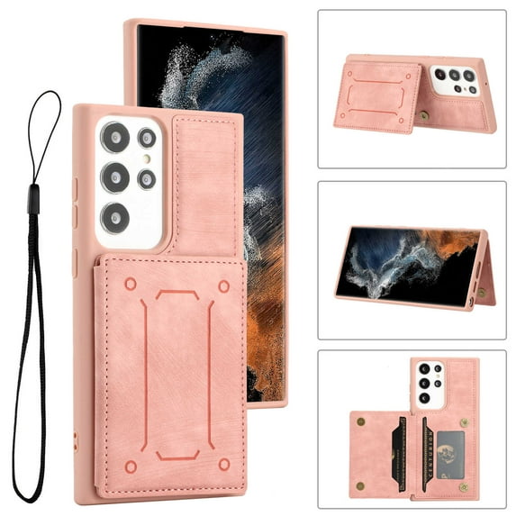 ELEHOLD Magnetic Wallet Case for Samsung Galaxy S23 Ultra,PU Leather Card Slots Stand Function Shockproof Multi-Functional Purse Case with Wrist Strap for Samsung S23 Ultra,Pink