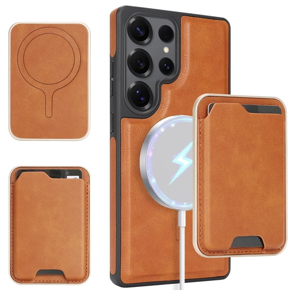ELEHOLD Magnetic Wallet Case for Samsung Galaxy S25 Ultra, Wireless Charging Compatible, Premium Faux Leather Deatachable Card Slots Non-Slip Shockproof Wallet Case ,Brown