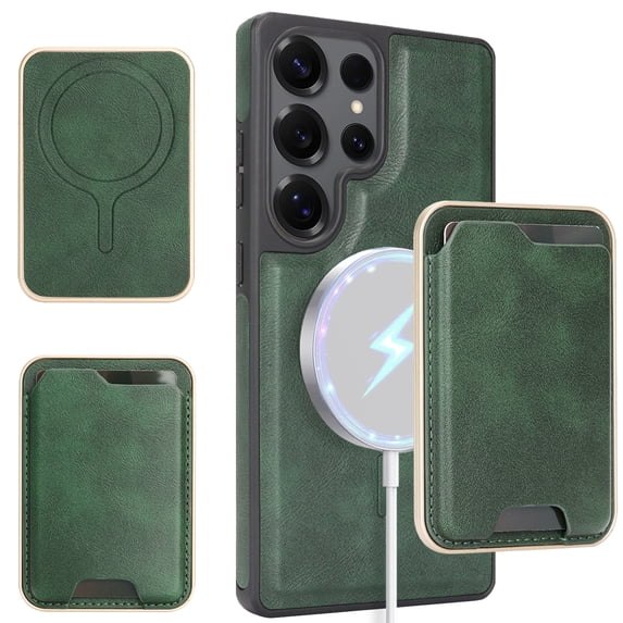 ELEHOLD Magnetic Wallet Case for Samsung Galaxy S25 Ultra, Wireless Charging Compatible, Premium Faux Leather Deatachable Card Slots Non-Slip Shockproof Wallet Case ,Green