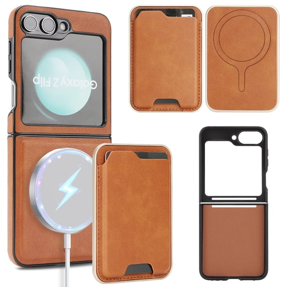 ELEHOLD Magnetic Wallet Case for Samsung Galaxy Z Flip 5, Wireless Charging Compatible, Premium Faux Leather Deatachable Card Slots Non-Slip Shockproof Wallet Case ,Brown