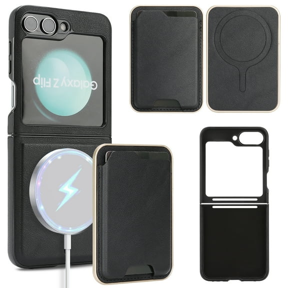 ELEHOLD Magnetic Wallet Case for Samsung Galaxy Z Flip 5, Wireless Charging Compatible, Premium Faux Leather Deatachable Card Slots Non-Slip Shockproof Wallet Case ,Black