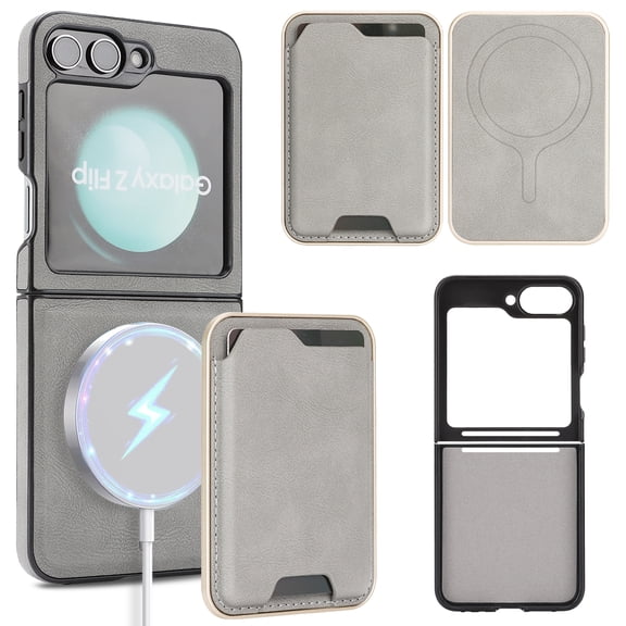 ELEHOLD Magnetic Wallet Case for Samsung Galaxy Z Flip 5, Wireless Charging Compatible, Premium Faux Leather Deatachable Card Slots Non-Slip Shockproof Wallet Case ,Gray