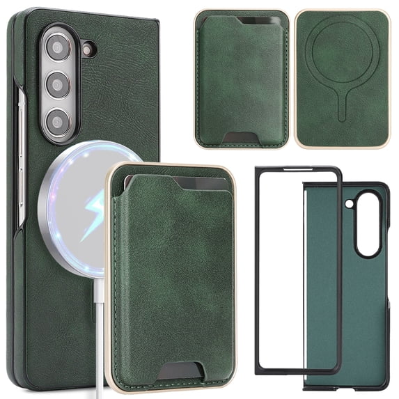 ELEHOLD Magnetic Wallet Case for Samsung Galaxy Z Fold 4, Wireless Charging Compatible, Premium Faux Leather Deatachable Card Slots Non-Slip Shockproof Wallet Case ,Green