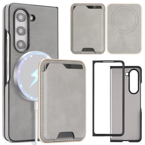 ELEHOLD Magnetic Wallet Case for Samsung Galaxy Z Fold 4, Wireless Charging Compatible, Premium Faux Leather Deatachable Card Slots Non-Slip Shockproof Wallet Case ,Gray
