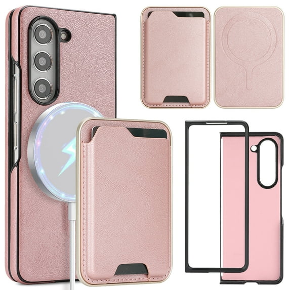 ELEHOLD Magnetic Wallet Case for Samsung Galaxy Z Fold 7, Wireless Charging Compatible, Premium Faux Leather Deatachable Card Slots Non-Slip Shockproof Wallet Case ,Rosegold