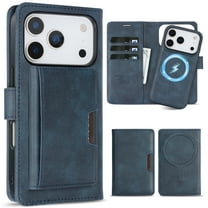 ELEHOLD Magnetic Wallet Case for iPhone 17 Pro, 3-in-1 Detachable Faux Leather Flip Cover with Kickstand and Card Slots,Blue